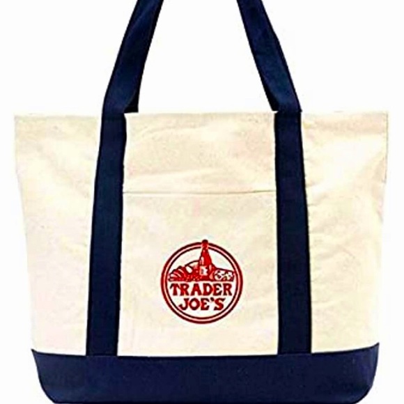 Trader Joe's Handbags - Trader Joe's canvas bag Off White Creme Navy Blue